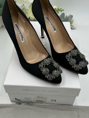 Manolo Blahnik HANGISI Black Satin Crystal-Buckle Pointed Toe Pumps. Size 37